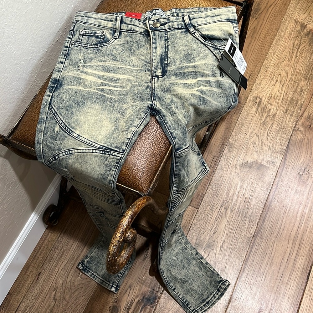 Brand New Level 1 Denim Stone Washed Distressed Stretch Vintage Slim Fit Jeans!
